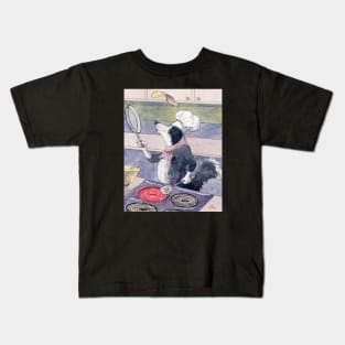 Sheepdog flipping a pancake in his kitchen Kids T-Shirt